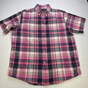 Lands End Traditional Fit Short Sleeve Madras Shirt Pink Plaid Size M #0216
